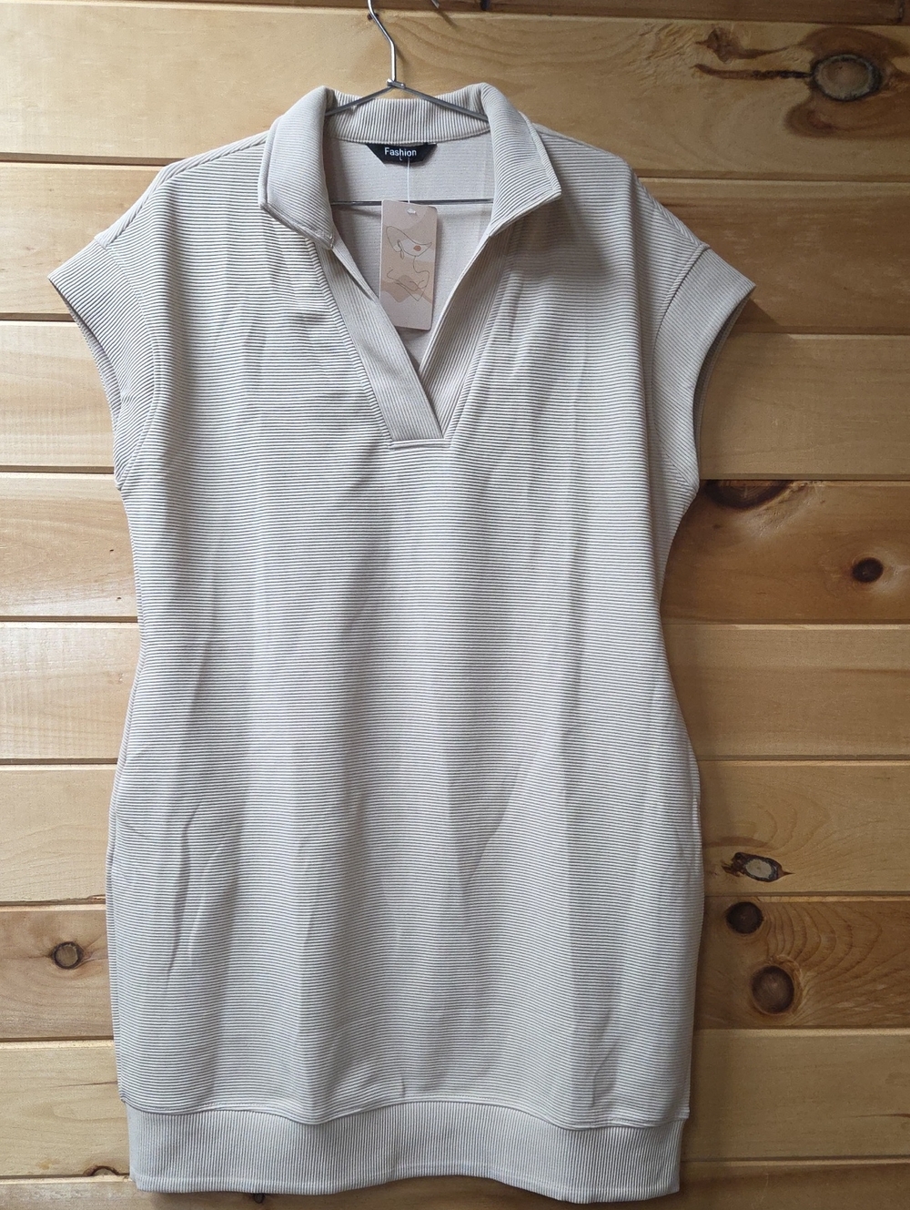 Beige Ribbed V-Neck Tunic Dress With Pockets